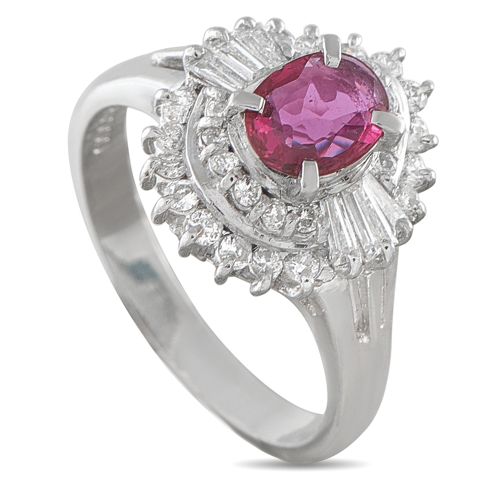 Platinum, 0.60ct Ruby and 0.50ctw Diamond Ring: Platinum, 0.60ct Ruby and 0.50ctw Diamond Ring - A vivid approximately 0.60 carat oval ruby takes center stage in this elegant platinum cocktail ring, displaying a rich pink-red hue that contrasts bea