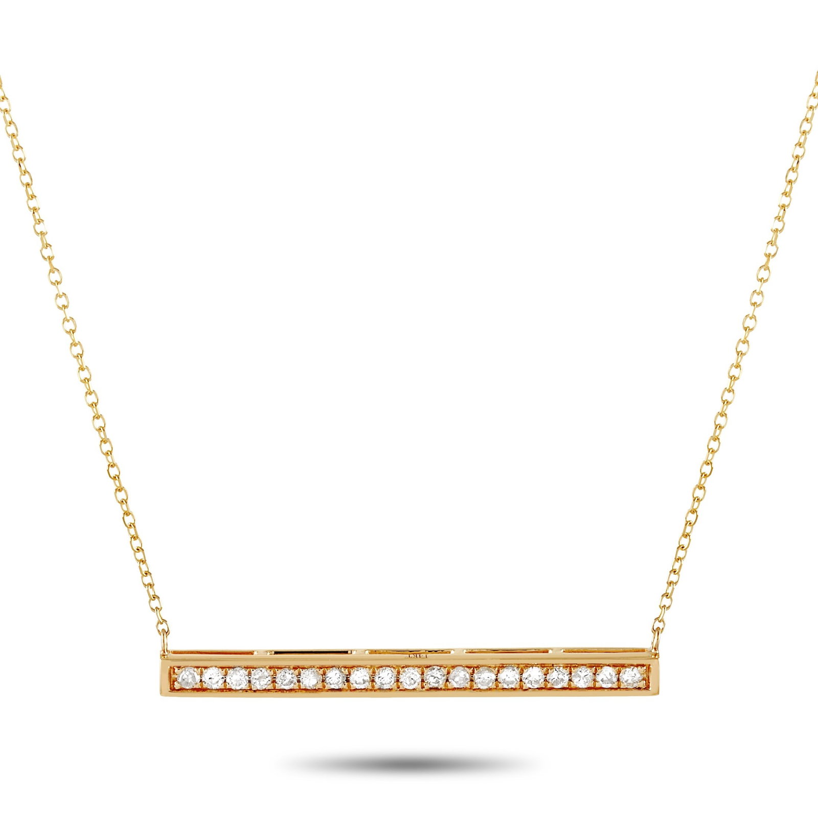 14K Yellow Gold and 0.25ctw Diamond 15" Necklace: 14K Yellow Gold and 0.25ctw Diamond 15" Bar Pendant Necklace - Sleek and refined, this contemporary bar pendant necklace is crafted in 14K yellow gold and accented by approximately 0.25 carats of spar