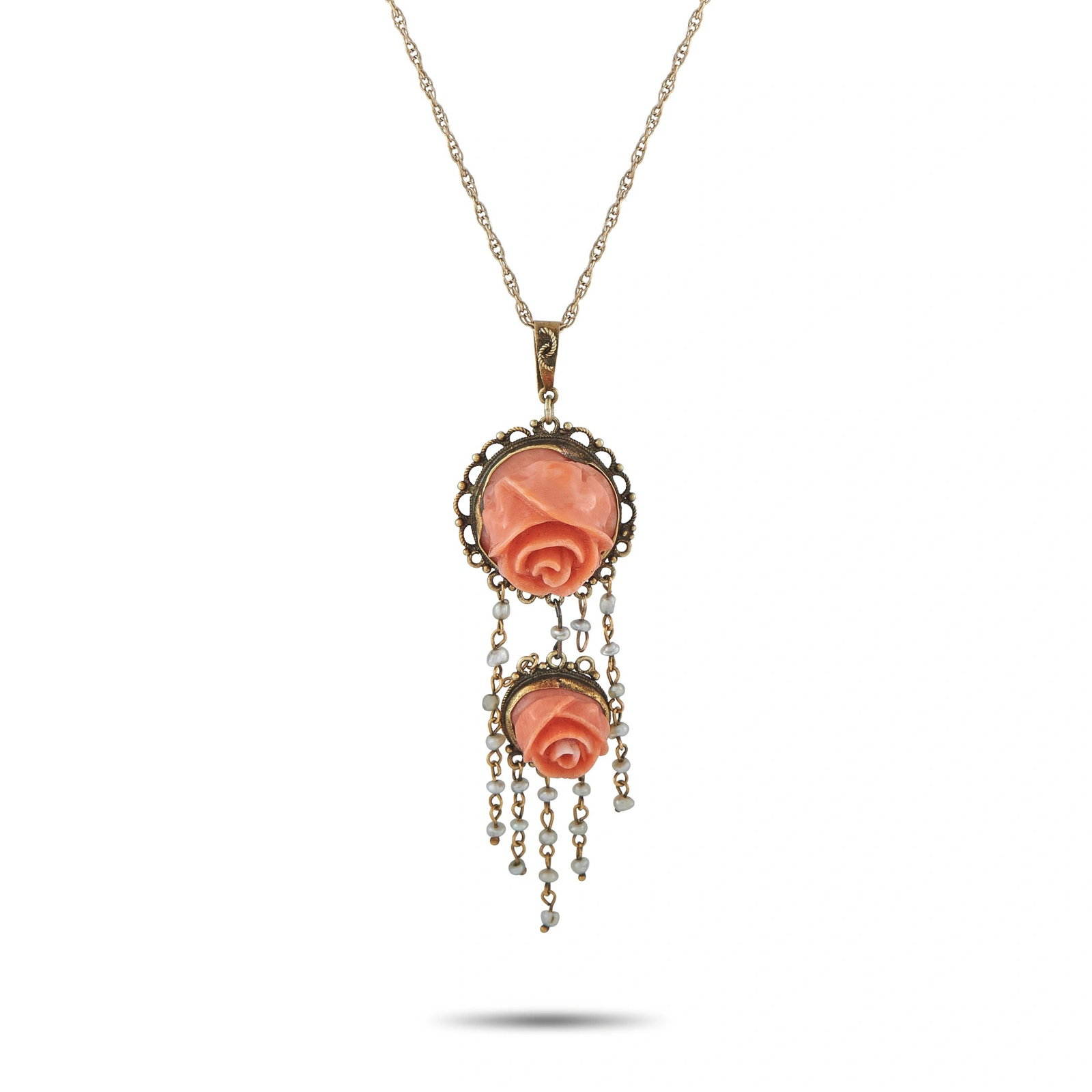 14K Yellow Gold, Coral and Seed Pearl 18" Necklace: 14K Yellow Gold, Carved Coral and Seed Pearl 18" Antique Pendant Necklace - An exquisite antique pendant necklace showcasing the delicate artistry of hand-carved coral and fine goldwork. Two intricate