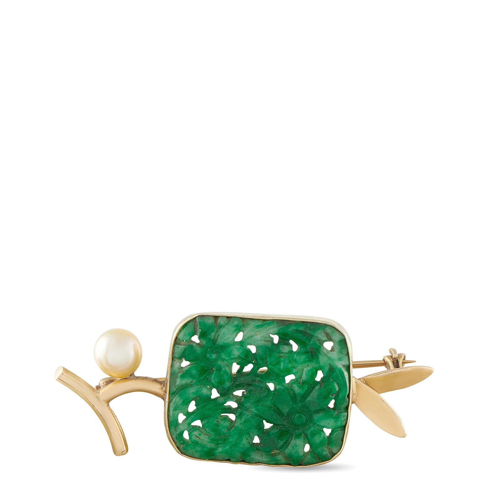 Vintage 14K Yellow Gold, Carved Jade and Pearl Brooch: Vintage 14K Yellow Gold, Carved Jade and Pearl Brooch - A beautifully crafted vintage brooch showcasing the artistry of carved jade and warm 14K yellow gold. An intricately carved jade tablet forms th