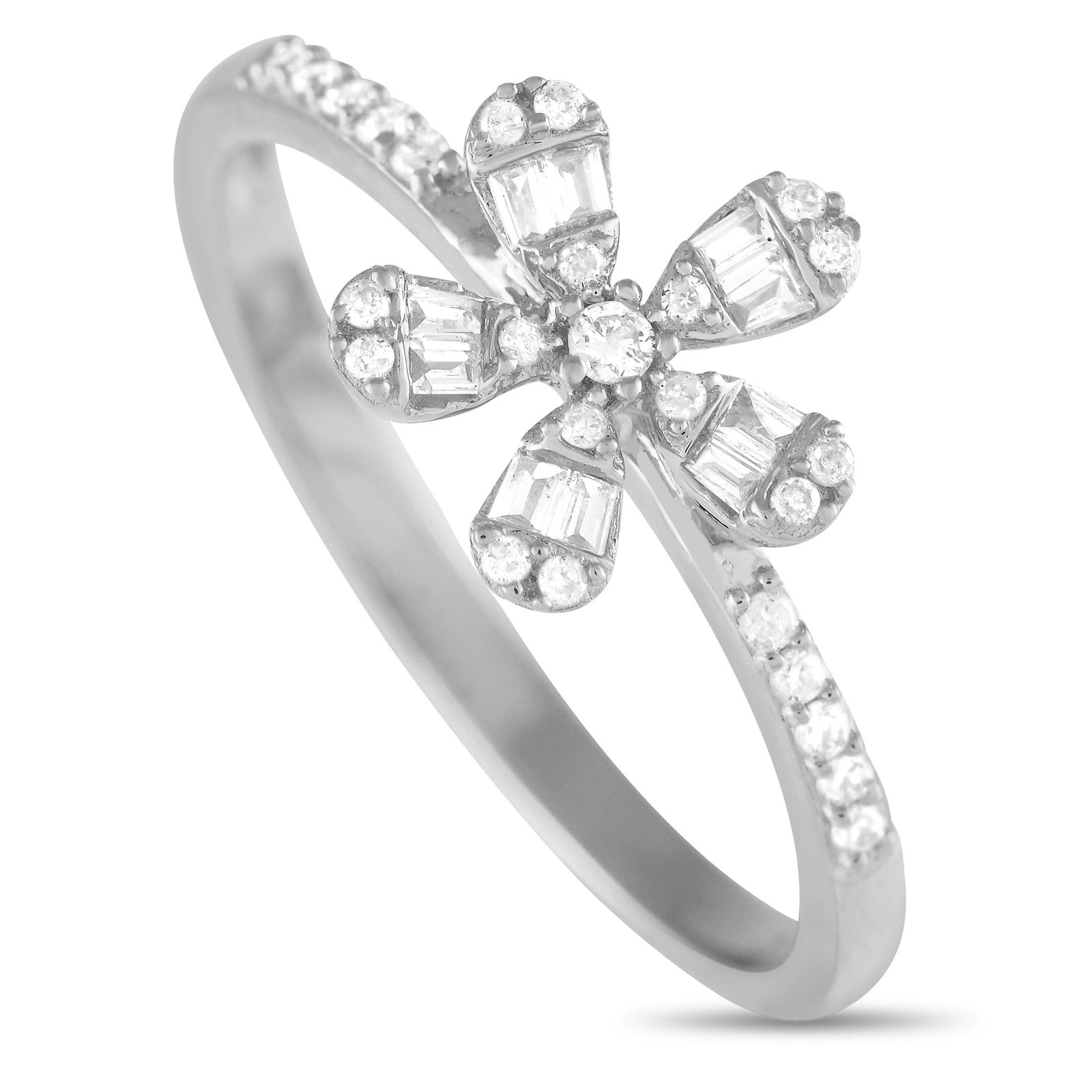 14K White Gold and 0.20ctw Diamond Flower Ring: 14K White Gold and 0.20ctw Diamond Flower Ring - You'll love the elegant look and the laidback feel of this diamond ring. It is designed with a thin shank with petite round diamonds tracing the should