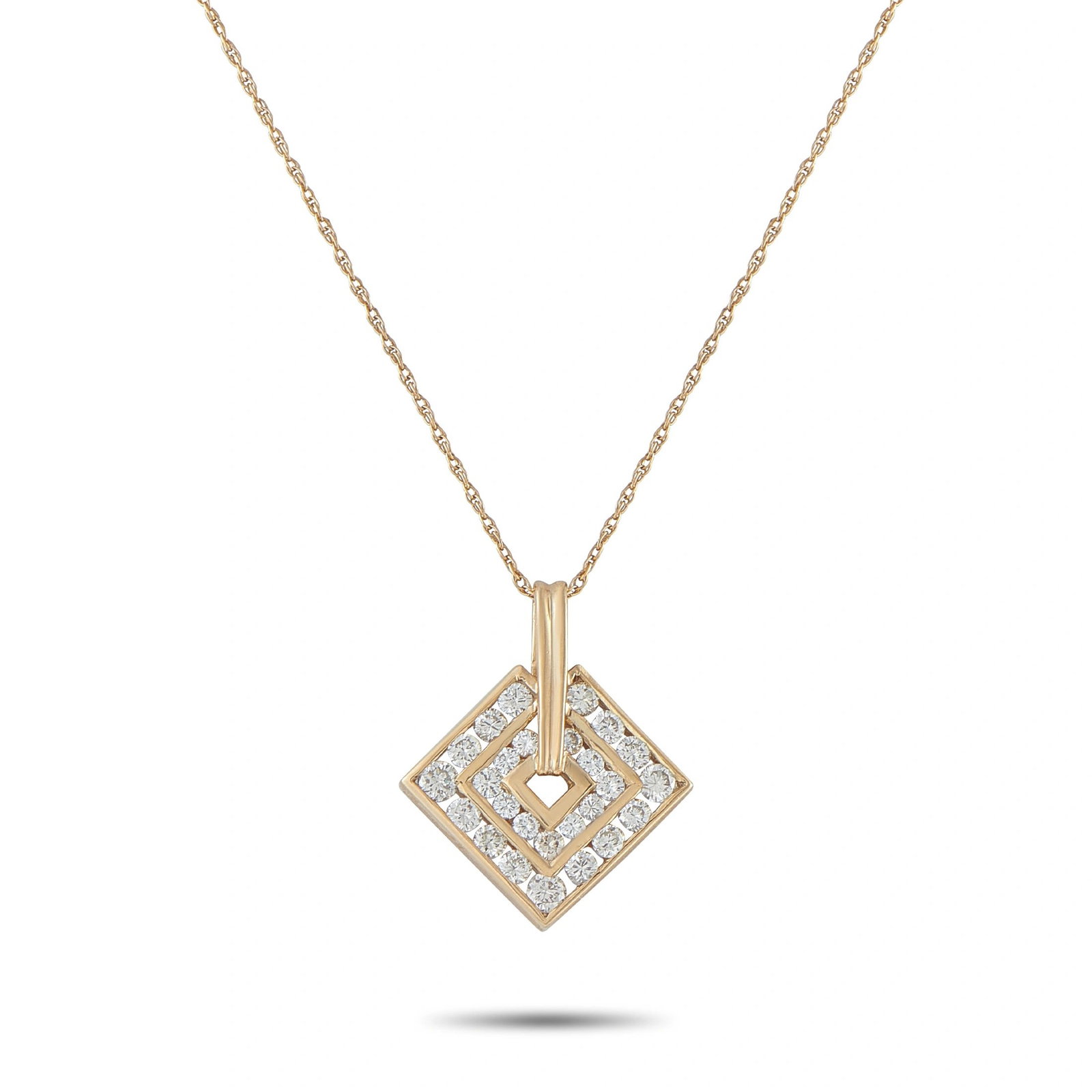 14K Yellow Gold and 0.50ctw Diamond Pendant Necklace: 14K Yellow Gold and 0.50ctw Diamond Pendant Necklace - A sleek geometric pendant lends this necklace a refined contemporary appeal. Crafted in 14K yellow gold, the square-shaped pendant is pave-set wi