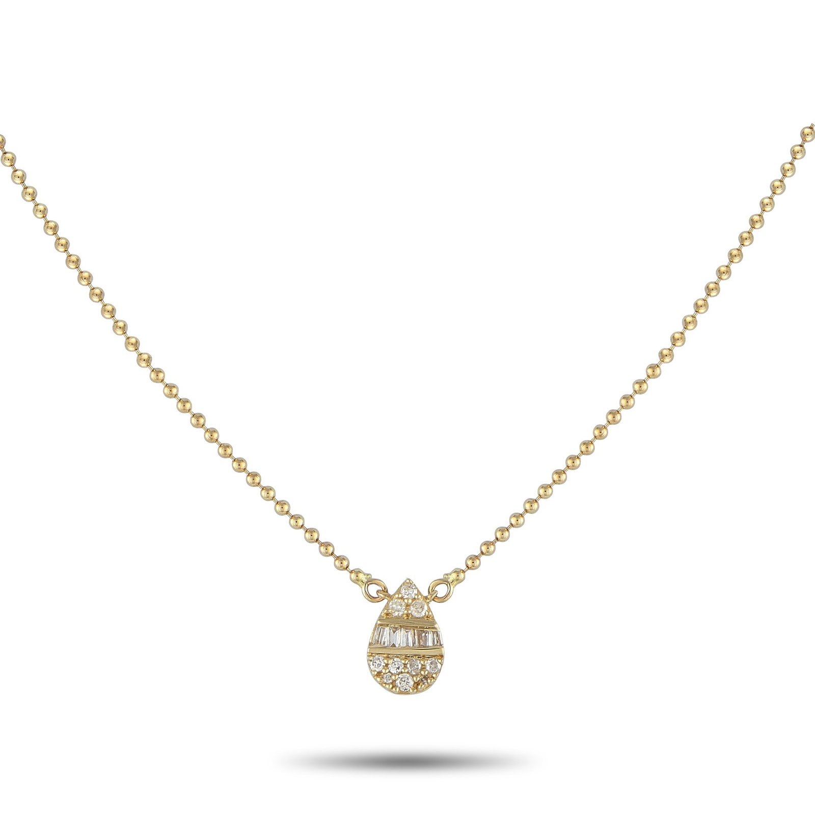 14K Yellow Gold and 0.10ctw Diamond 16" Necklace: 14K Yellow Gold and 0.10ctw Diamond 16" Teardrop Pendant Necklace - Delicate and sophisticated, this elegant necklace features a graceful pear-shaped pendant crafted in 14K yellow gold and accented by