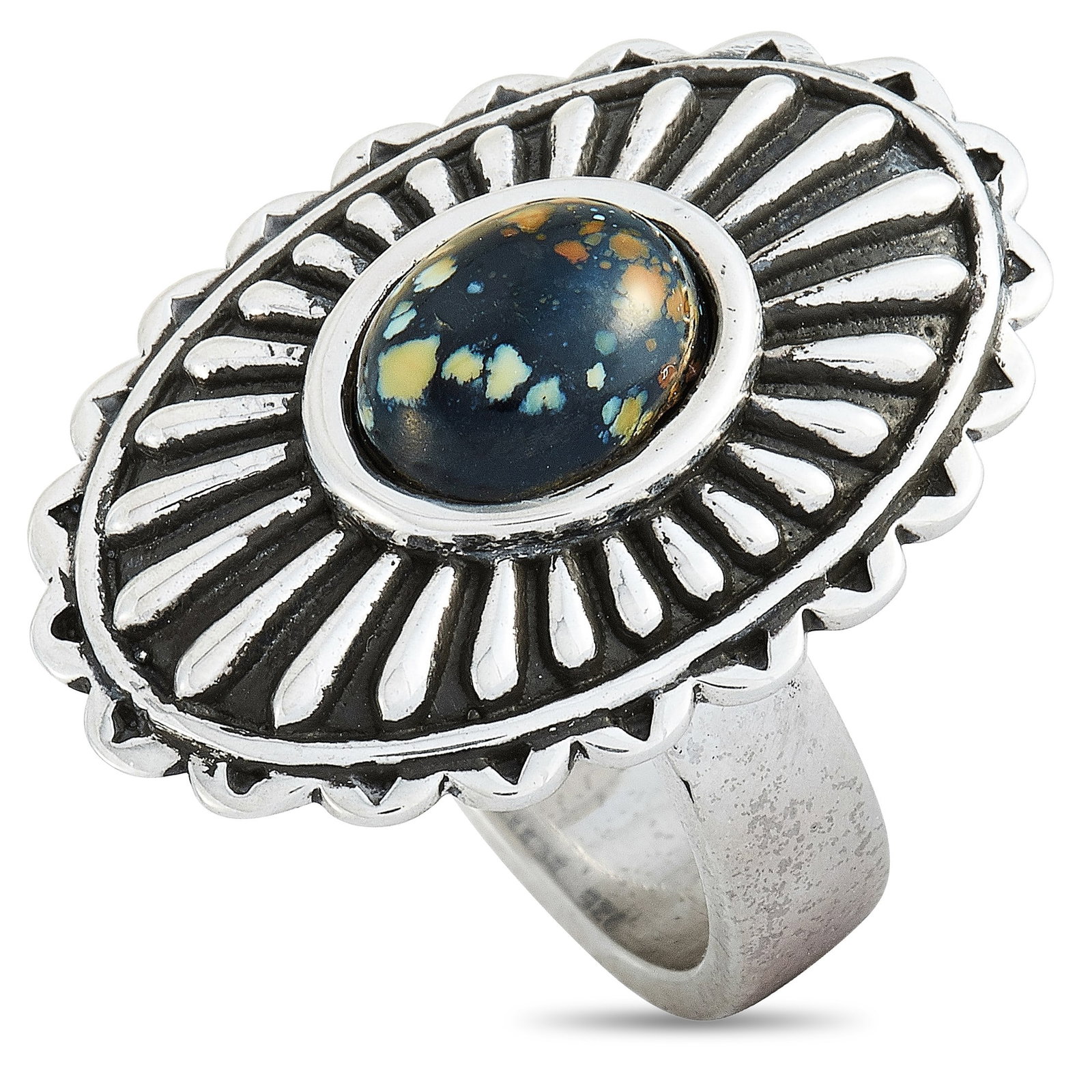 King Baby Spotted Turquoise and Sterling Silver Ring: King Baby Spotted Turquoise and Sterling Silver Large Starburst Concho Ring - A bold statement piece, this King Baby Large Starburst Concho ring combines the distinctive character of spotted turquoise