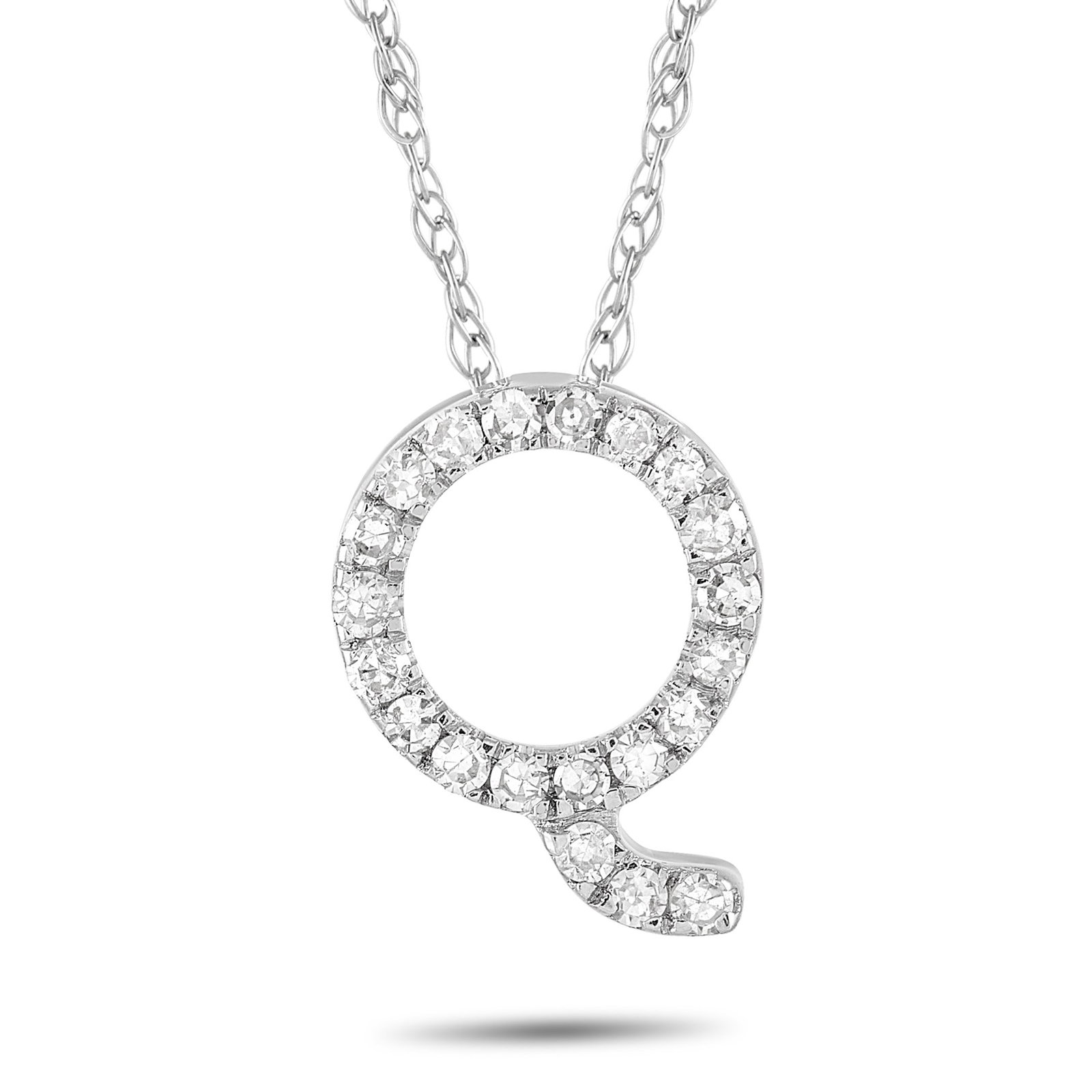 14K White Gold and 0.10ctw Diamond Initial Q Necklace: 14K White Gold and 0.10ctw Diamond Initial Q Necklace - Delicate and personal, this elegant necklace features a letter Q pendant crafted in 14K white gold and accented by approximately 0.10 carats of 