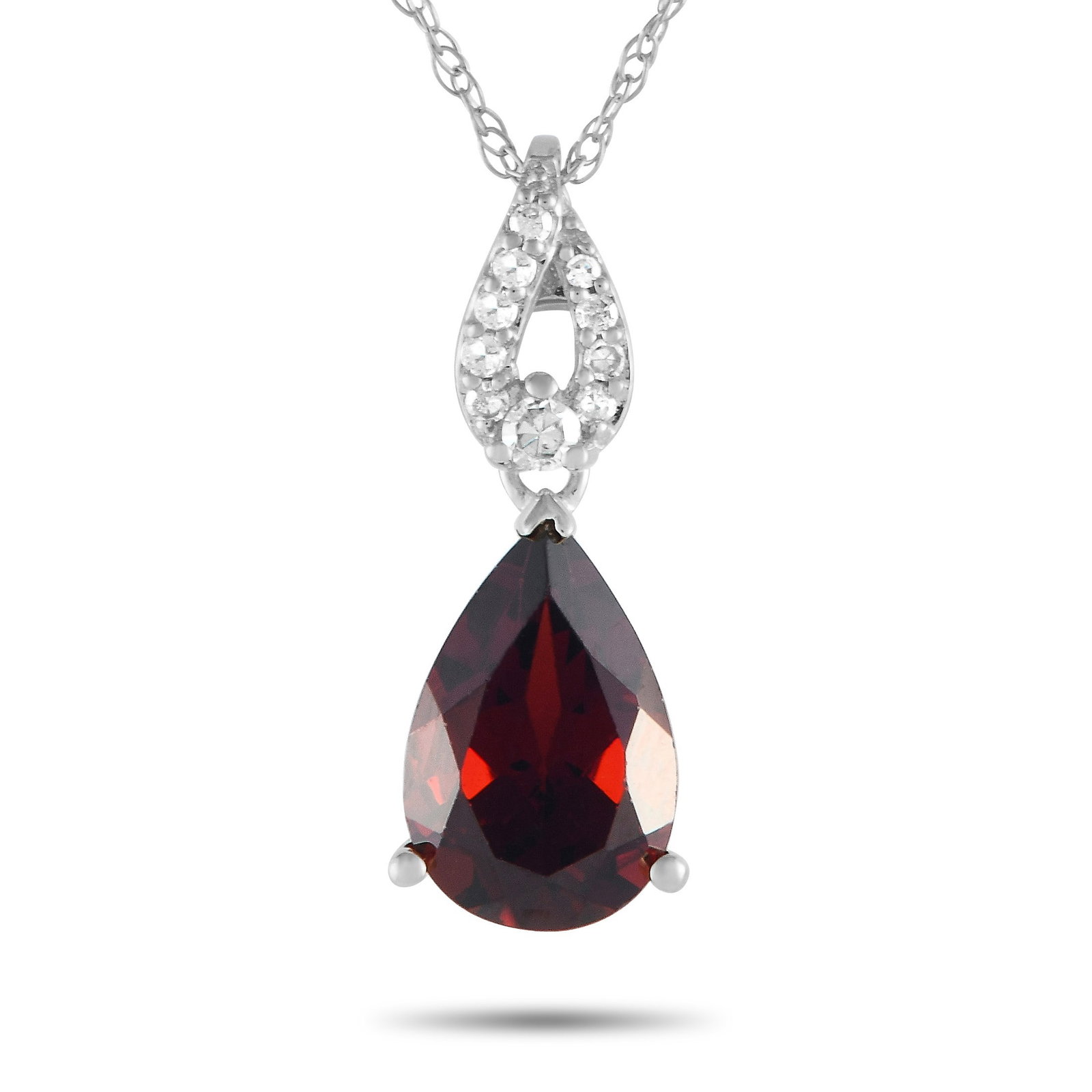 14K White Gold, Garnet and Diamond 18" Necklace: 14K White Gold, Garnet and 0.06ctw Diamond 18" Necklace - A modern-classic accessory worthy of a spot in your jewelry box. This necklace in 14K white gold has an 18" long dainty cable chain. Suspendin