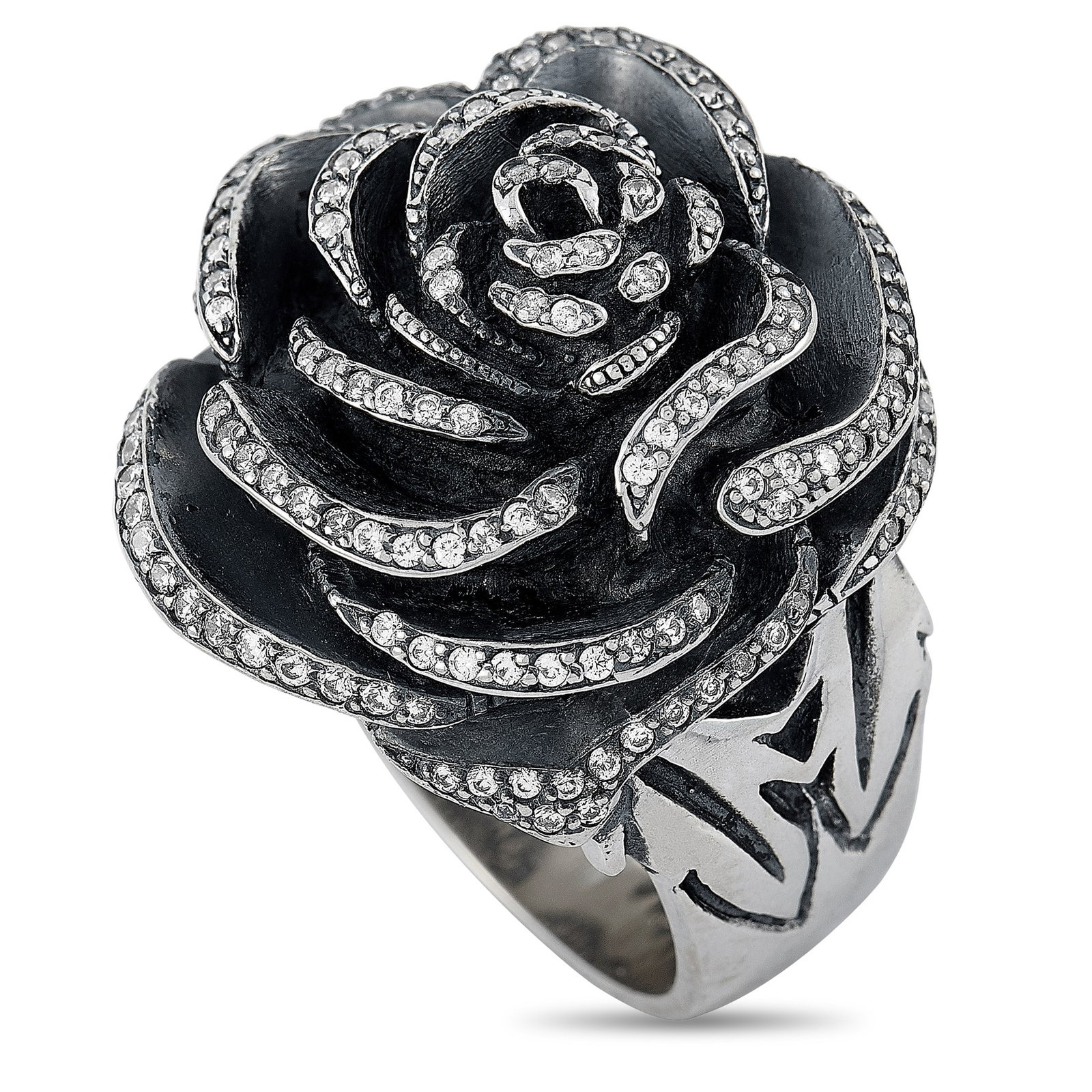 King Baby Sterling Silver and Cubic Zirconia Rose Ring: King Baby Sterling Silver and White Cubic Zirconia Rose Ring - Bold and sculptural, this King Baby statement ring showcases an intricately detailed rose motif crafted in sterling silver and accented b