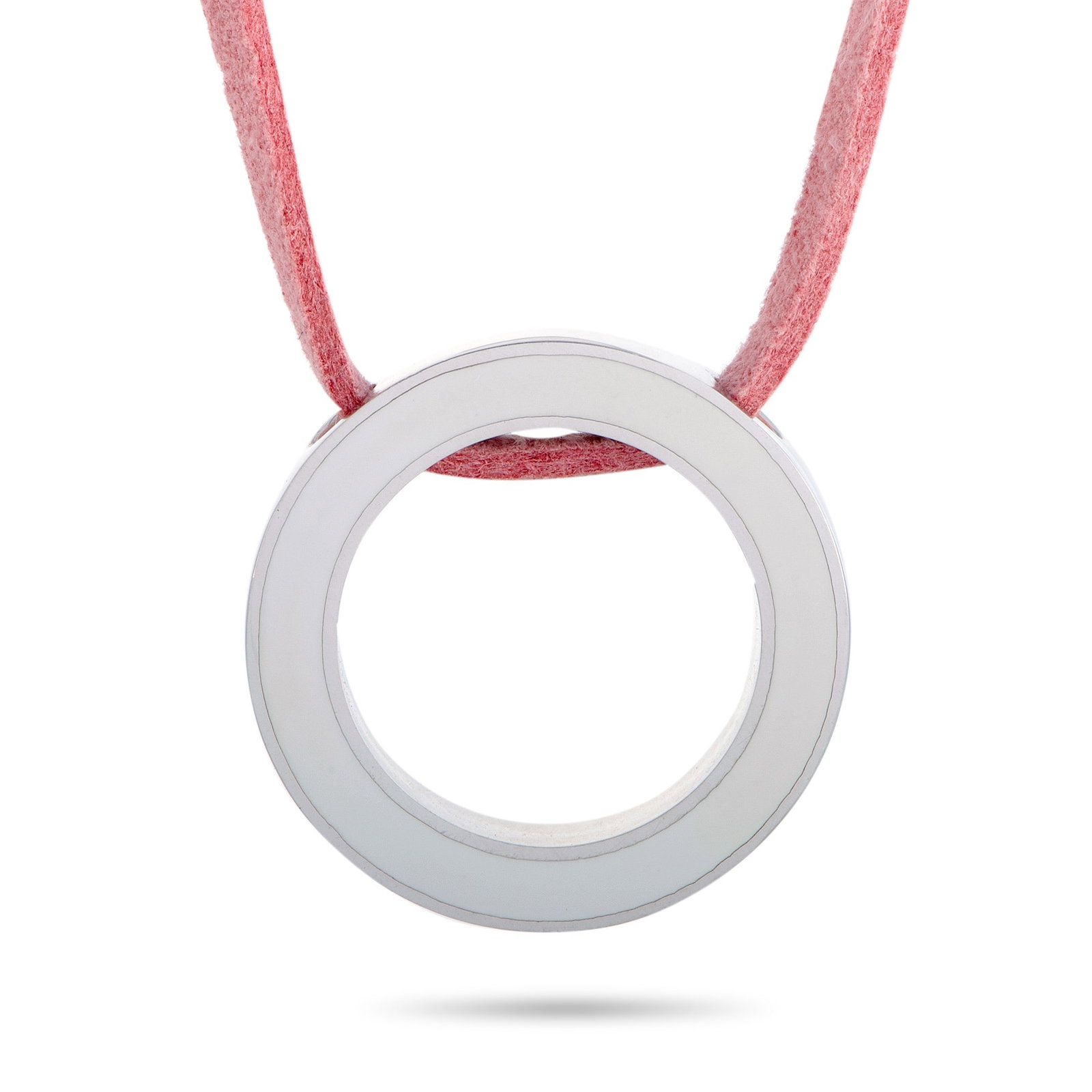 Movado Sterling Silver, Enamel and Cord Necklace: Movado Breast Cancer Awareness Sterling Silver and Enamel Circle Pink Leather Cord Necklace - This meaningful Movado necklace was designed to support Breast Cancer Awareness. It features a charming pi