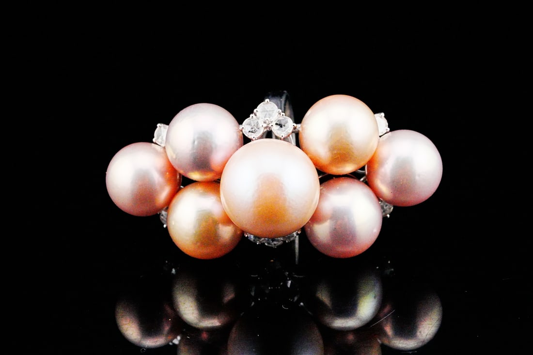 13mm-15.5mm Pearl, 1.20ctw Rose-Cut Diamond and 18K Ring: 13mm-15.5mm Pink Pearl, 1.20ctw Rose-Cut Diamond and 18K White Gold Cocktail Ring - An extraordinary statement cocktail ring featuring an exuberant cluster of lustrous pink pearls ranging from approxi