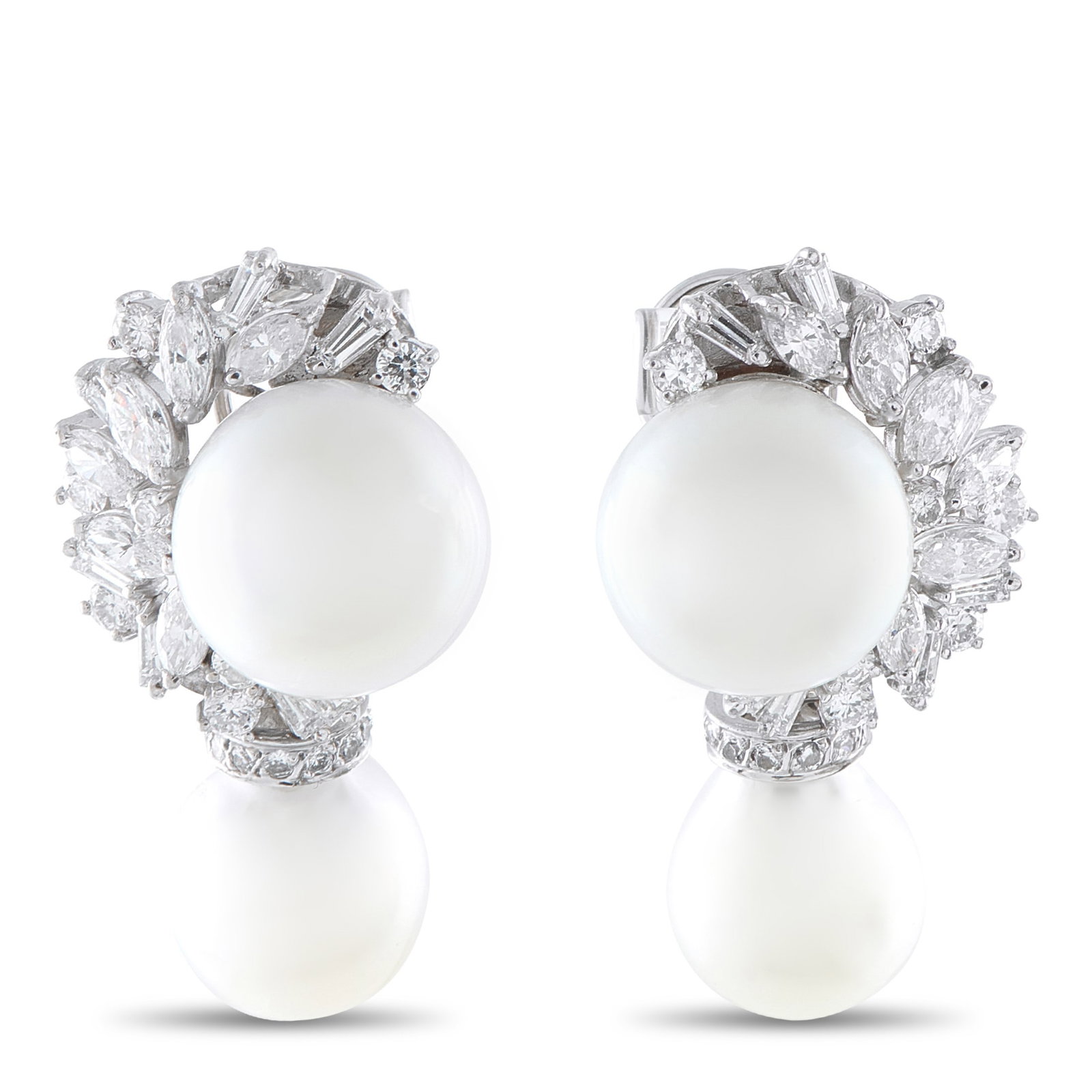 2.85ctw Diamond, 12mm-14mm Pearl and 18K 1.5" Earrings: 2.85ctw VS2-SI1/G-H Diamond, 12mm-14mm Pearl and 18K White Gold 1.5" Drop Earrings - Elegant movement and timeless sophistication define these exceptional drop earrings. Crafted in 18K white gold, eac