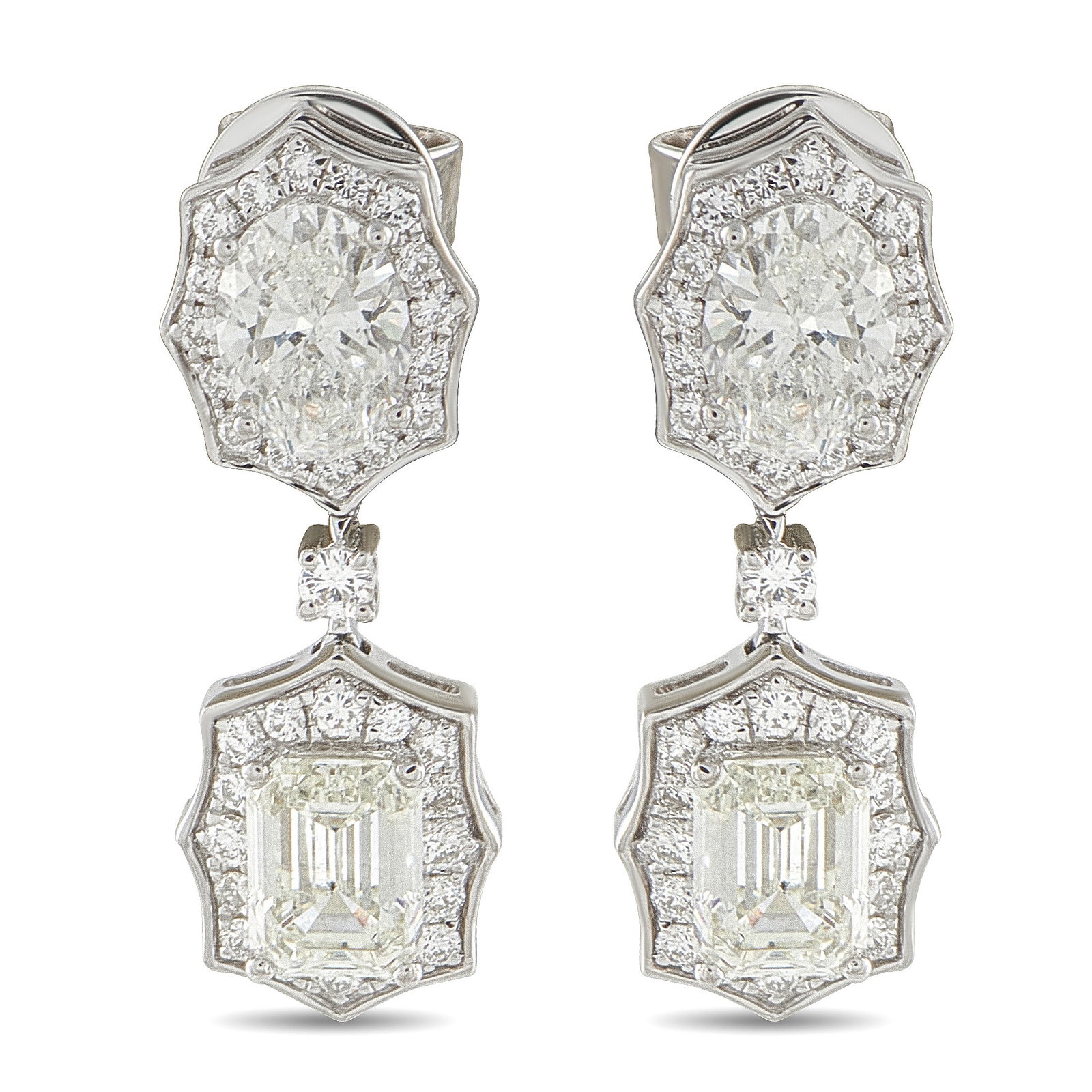 3.90ctw Diamond and 18K White Gold 0.90" Drop Earrings: 3.90ctw VS2-SI1/G-H Diamond and 18K White Gold 0.90" Drop Earrings - Graceful, sophisticated, and endlessly timeless, these exquisite drop earrings are designed to showcase the captivating beauty of f