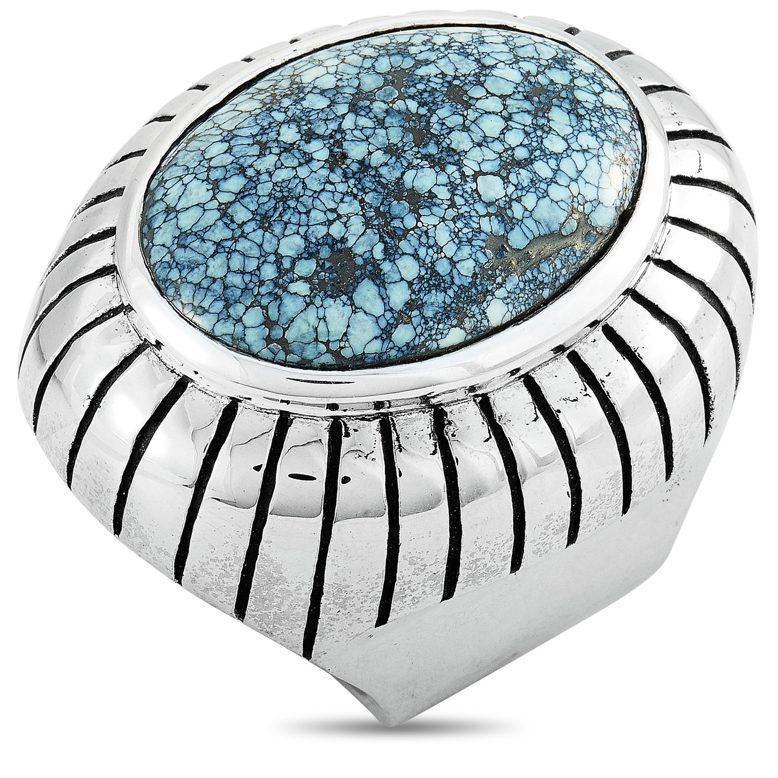 King Baby 25mm Turquoise and Sterling Silver Ring: King Baby 25mm Spotted Turquoise and Sterling Silver Ring with Box - Bold, rugged, and unmistakably distinctive, this King Baby ring embodies the brand's signature rock-and-roll aesthetic. Crafted fro