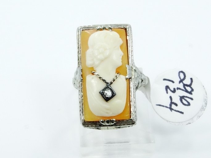 14K "Cameo" Ring W/Accent Diamond & Filigree: Antique SOLID 14K White Gold Seashell "Cameo" Ring W/Accent Diamond & Filigree-This ring measures: 3/4" x .4" (the cameo). Estimated retail value: $625-$750 (3.12 Grams)