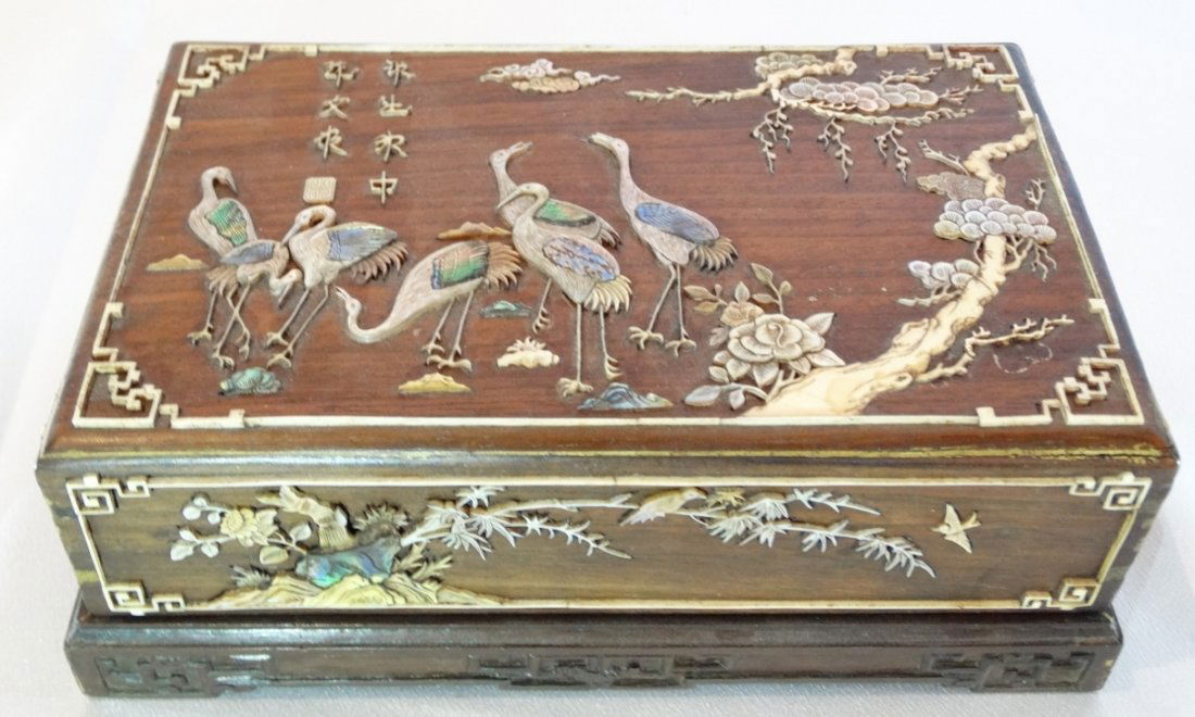 Qing Dynasty Hardwood Box W/High Relief Mother of Pearl (1 of 8)