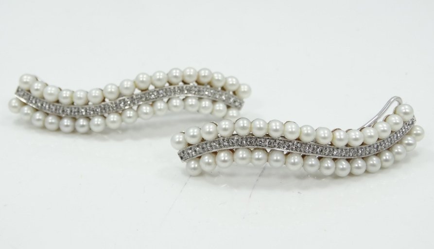 1920's 18K WG Hair Clips W/2CTW Diamonds & Pearls (1 of 4)
