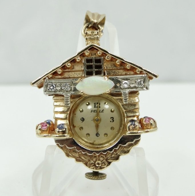 14K YG Perle "Cukoo Clock" Pendant W/Diam. & More (1 of 8)