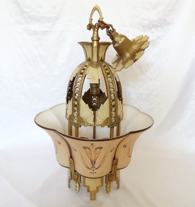 Rare Vintage Beardslee Chicago Art Deco Chandelier: Rare Vintage Beardslee Chicago Art Deco Polychrome Cast Aluminum & Milk Glass Chandelier - This rare fixture by Beardslee Chicago was produced by one of Chicago's premium lighting suppliers in the 193