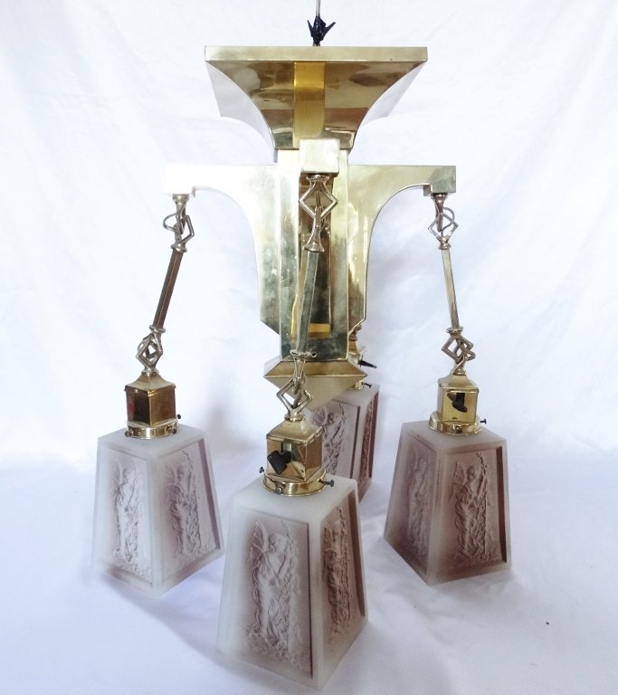 Art Deco Brass Four-Arm Chandelier W/Milk Glass (1 of 5)