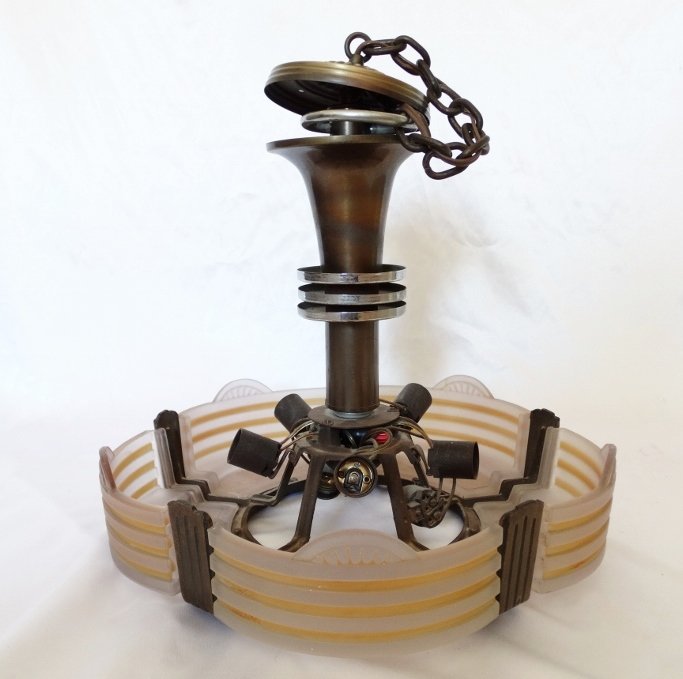 Art Deco Brass Chandelier W/Frosted Glass Inserts (1 of 8)