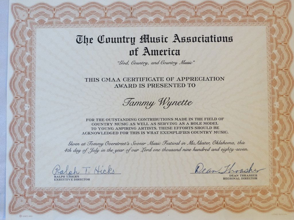 Tammy Wynette "CMAA" Award From July, 1987 W/COA (1 of 5)