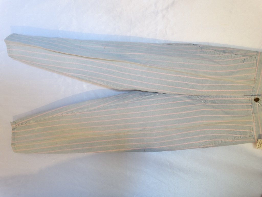 Stella Parton Personally Owned Pants W/COA: Stella Parton Personally Owned Light Blue & Pink Striped Pants Made by Paris Blues W/COA - These pants were made by the brand Paris Blues, and belonged to Stella Parton. The pants are a light blue, de