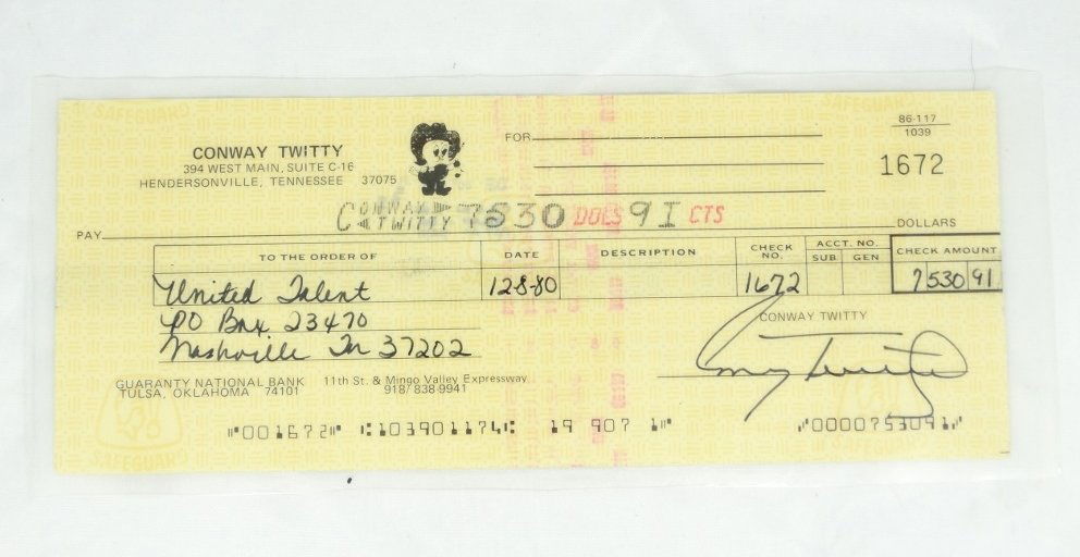 Conway Twitty Signed Check to United Talent W/COA (1 of 3)