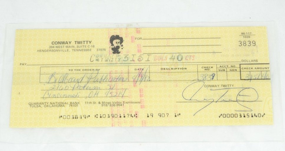 Conway Twitty Signed Check to Billboard W/COA (1 of 3)