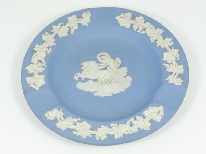 Wedgwood Chariot Rider Blue Jasperware Ash Tray: Vintage Wedgwood Chariot Rider Blue Jasperware Ash Tray Made in England - This piece is a vintage, blue jasperware ash tray made in England by Wedgwood. The piece has a high relief, white grapevine mo