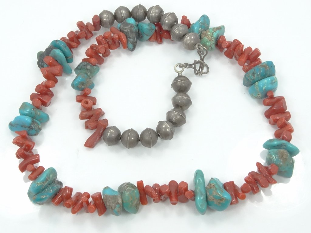 Sterling Silver, Red Coral, & Turquoise Necklace (1 of 3)