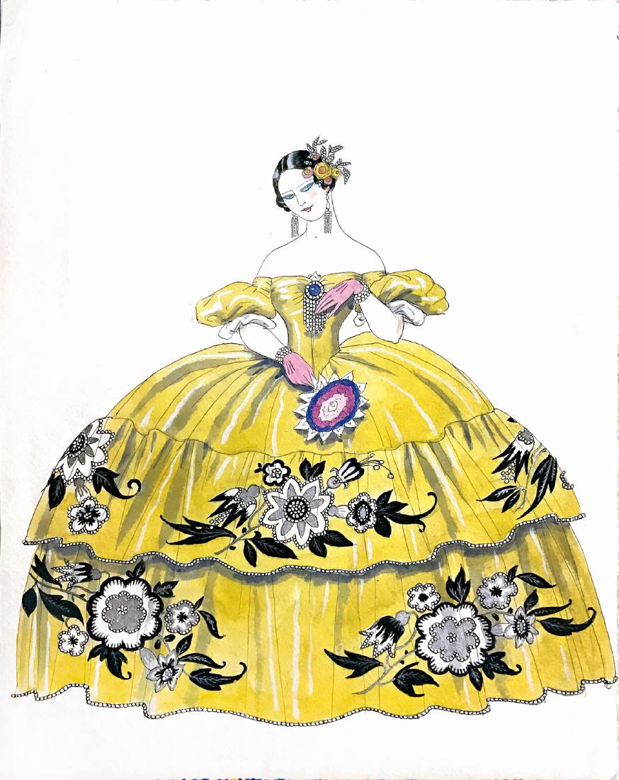 GEORGE BARBIER Julliet à la robe jaune: Figurino di moda 1925; matita, china e argento su cartoncino cm 20x26. Eccellente stato. ENG Original art, pencil, ink and silver on cardboard. Great condition.