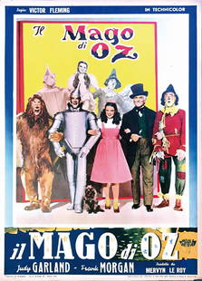 Il Mago di Oz: Cult diretto da Victor Fleming trattodai libri di Frank Baum con JudyGarland e Frank Morgan; fotobustacm 34,5x48 in prima edizione italiana,impressa da Vecchioni & Guadagno,1948; con tutti i