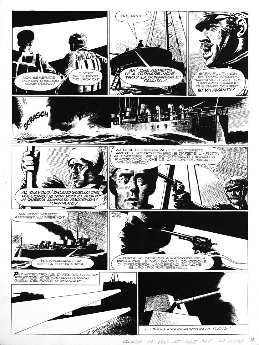 ATTILIO MICHELUZZI - Dal nostro inviato nel tempo: 6a tavola pubblicata a pag. 48 del Corriere dei Ragazzi n. 21, 1973. Matita e china su cartoncino, cm 34x45,5. Firmata. Ottimo stato.