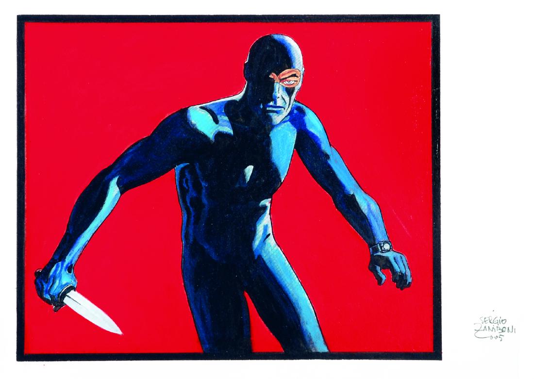 SERGIO ZANIBONI - Diabolik Il Piano Americano: Raffinata illustrazione acrilico su carta, cm 29,5x21 . Firmata e datata 2005. In cornice.