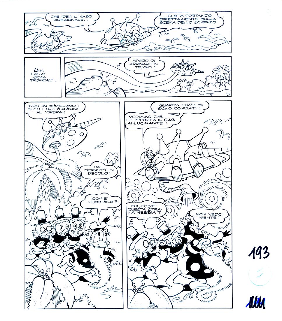 LUCIANO BOTTARO - Paperino e la vera storia della: 3a tavola pubblicata a pag. 193 di â€œTutto Disneyâ€ nÂ° 18, marzo 2001. Matita e china su carta Fabriano, cm 35x40.