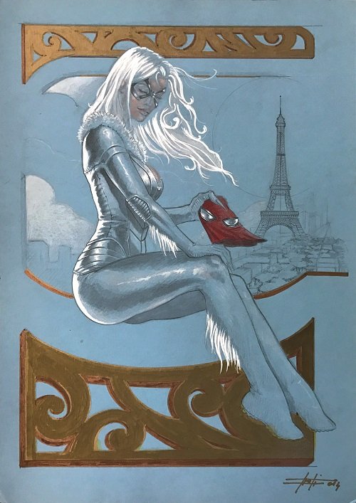 LUCA STRATI - Black Cat - When in Paris: Illustrazione a colori dedicata alla Gatta Nera creata da Marv Wolfman e Keith Pollard per la Marvel Comics. Matita, tempera e oro su cartoncino azzurro, cm 35x50. Firmata e datata, 2014.