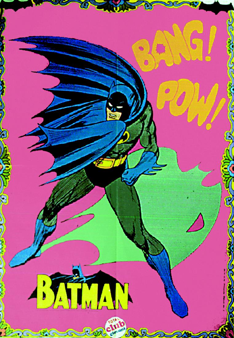 Batman e Superman: Manifesti Total Club giovani, 1969, cm 49x70. Con grafica pop floreale. Piegatura centrale da spedizione, nuovi ENG