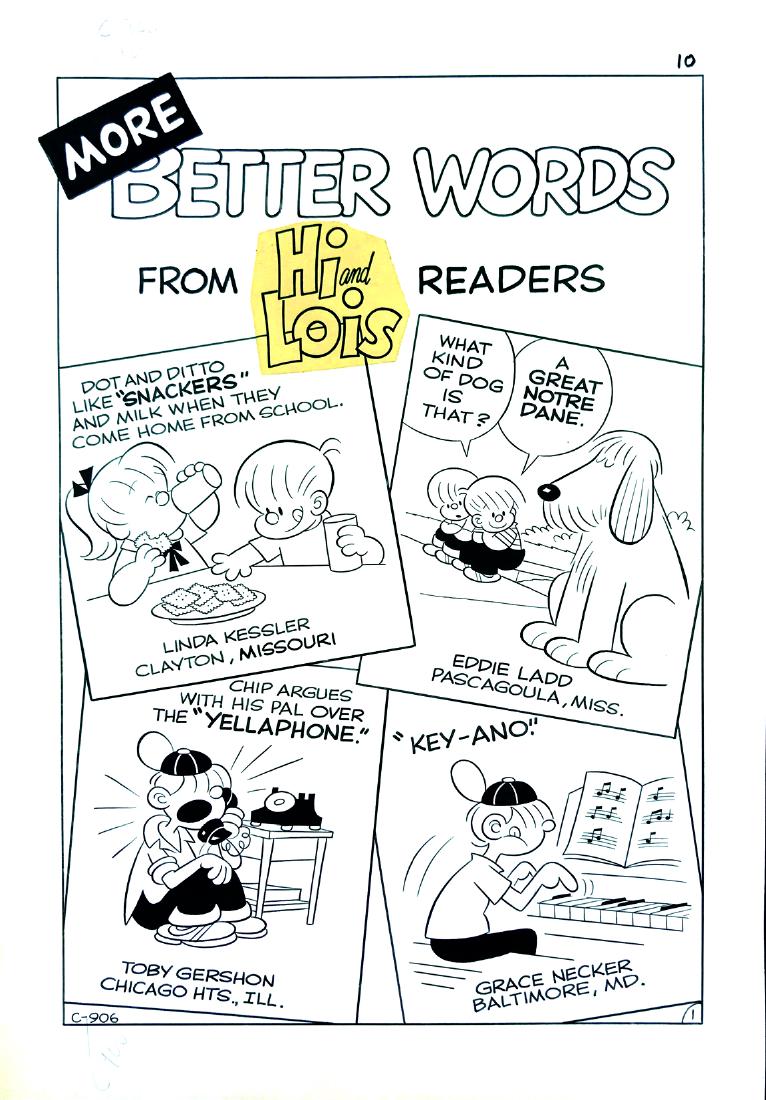 DIK BROWNE & MORT WALKER - More Better Words from Hi: Storia breve composta da due tavole che presentano 8 gags tratte dalle strisce di Mort Walker ed ispirate dalle gesta del figlioletto. Tavole pubblicate nellâ€™edizione â€œComic Bookâ€ ann