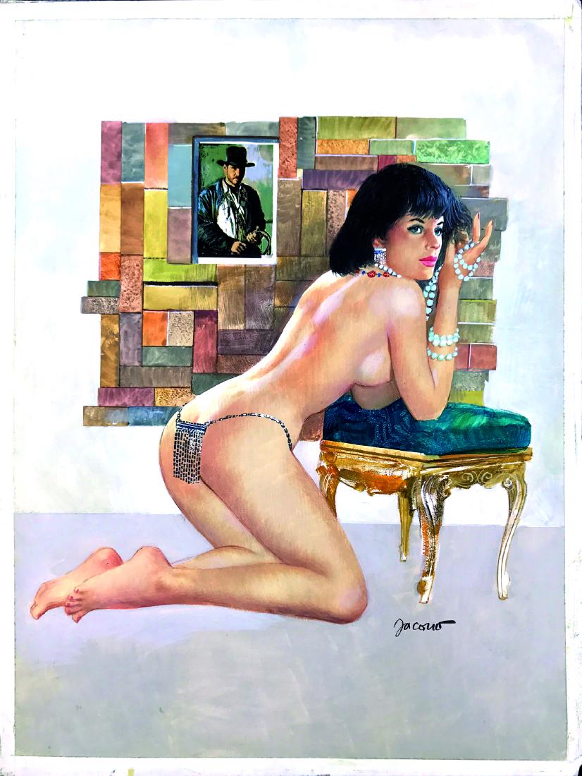 CARLO JACONO - Sexy Thriller: Originale di copertina per il n. 7 della serie, 1983. In copertina la protagonista della storia alle prese con il protagonista ispirato allâ€™Avv. Agnelli. Tempera su cartone, cm 37x51. ENG Origi