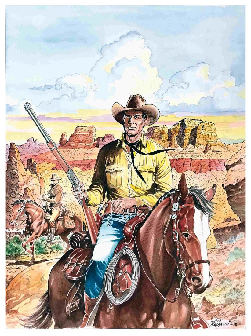 GIOVANNI ROMANINI - Tex e Carson in esplorazione: Tecnica mista su cartoncino, cm 35x50; firmata e datata 1996. ENG Original art mixed technique on thin cardboard._x000D_ Signed and dated 1996.