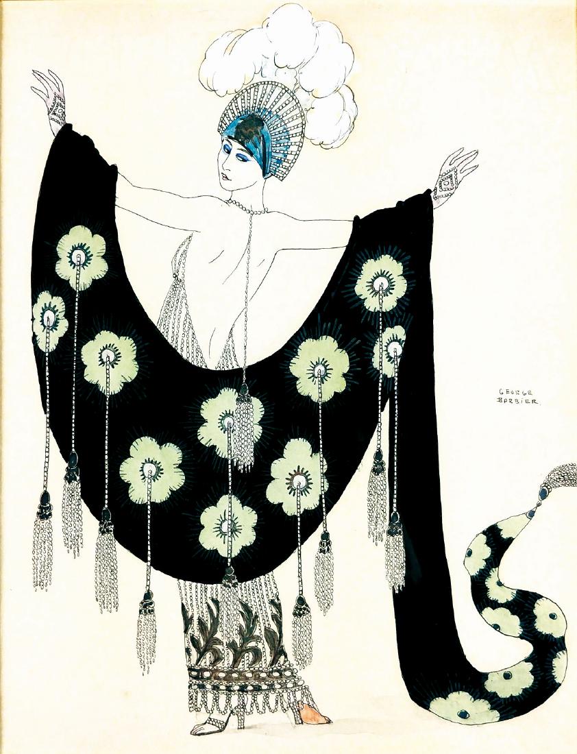 GEORGE BARBIER - Figurino di moda: Primi anni ‘20. Matita, china e acquerello su cartoncino, cm 19x25. Firmata, eccellente stato; in cornice. ENG Early 20s fashion model art; pencil, ink and watercolor on thin cardboard. Signed. Grea