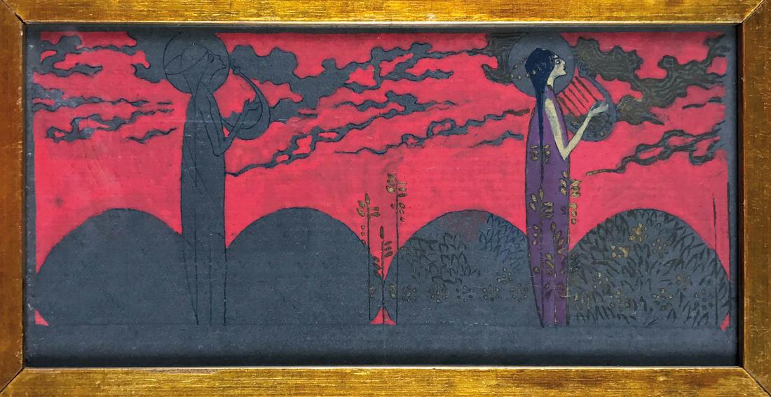 VITTORIO ZECCHIN - Original painting: Tempera su carta grigia, cm 22,5x11; n.d. ma 1918. Al retro certificato della Galleria Martano, Torino, 1969. In cornice. ENG A tempera painting; N.d. but 1918. Very good condition.