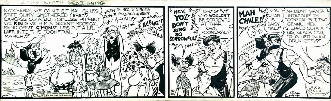 AL CAPP - Li’l Abner Hardly worth mentioning: Striscia giornaliera, 22 dicembre 1948. Matita e china su cartoncino, cm 57,5x17,5 firmata all’ultima vignetta, buono stato. ENG Daily strip published in 1948. Pencil and ink on thin cardboard. Sign
