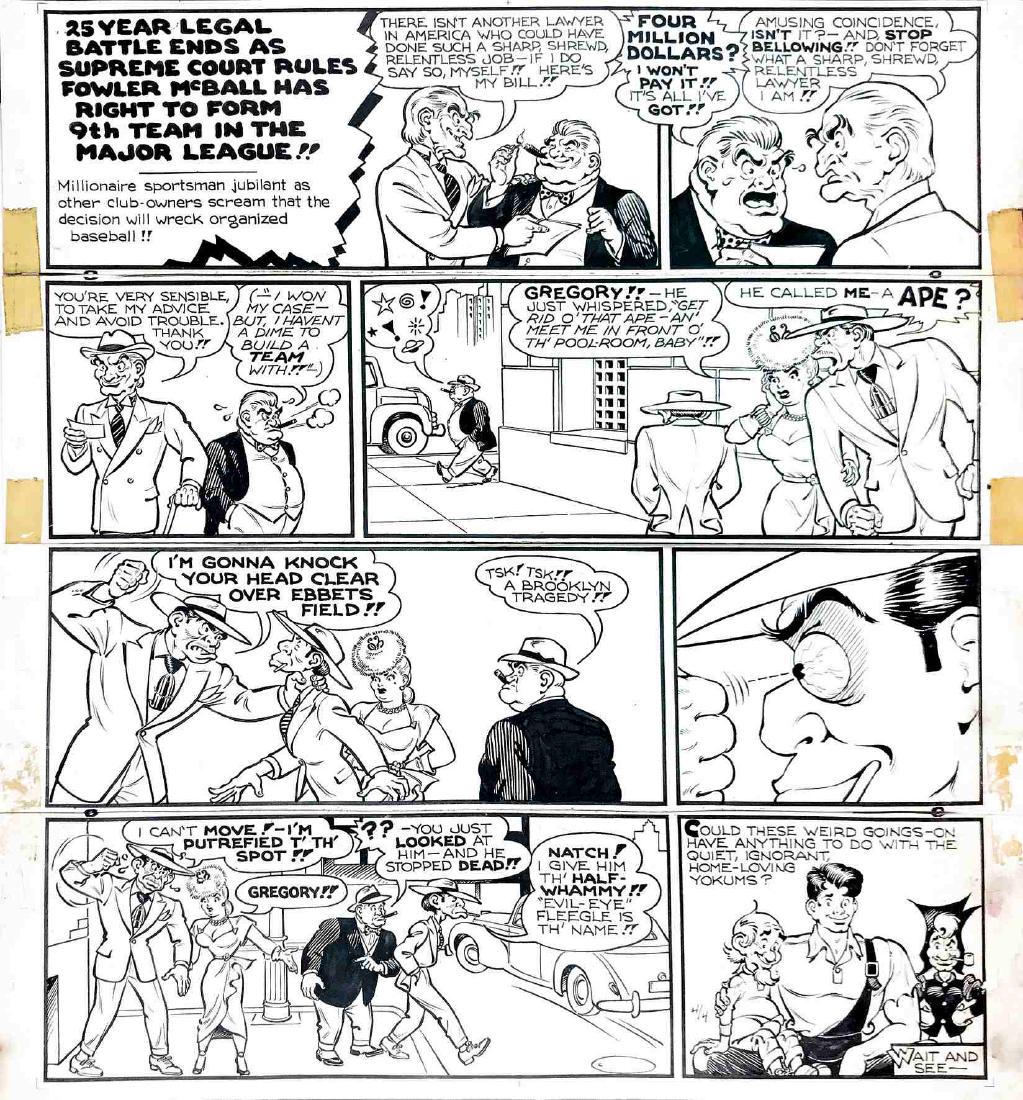AL CAPP - Li’l Abner The Major League: Tavola domenicale, anni ’40. Matita e china su 4 pannelli di cartoncino raccordato, cm 52,5x57. Ingialliture e tracce di scotch d’epoca. Tavola in buono stato. ENG Sunday page published in 40es. P