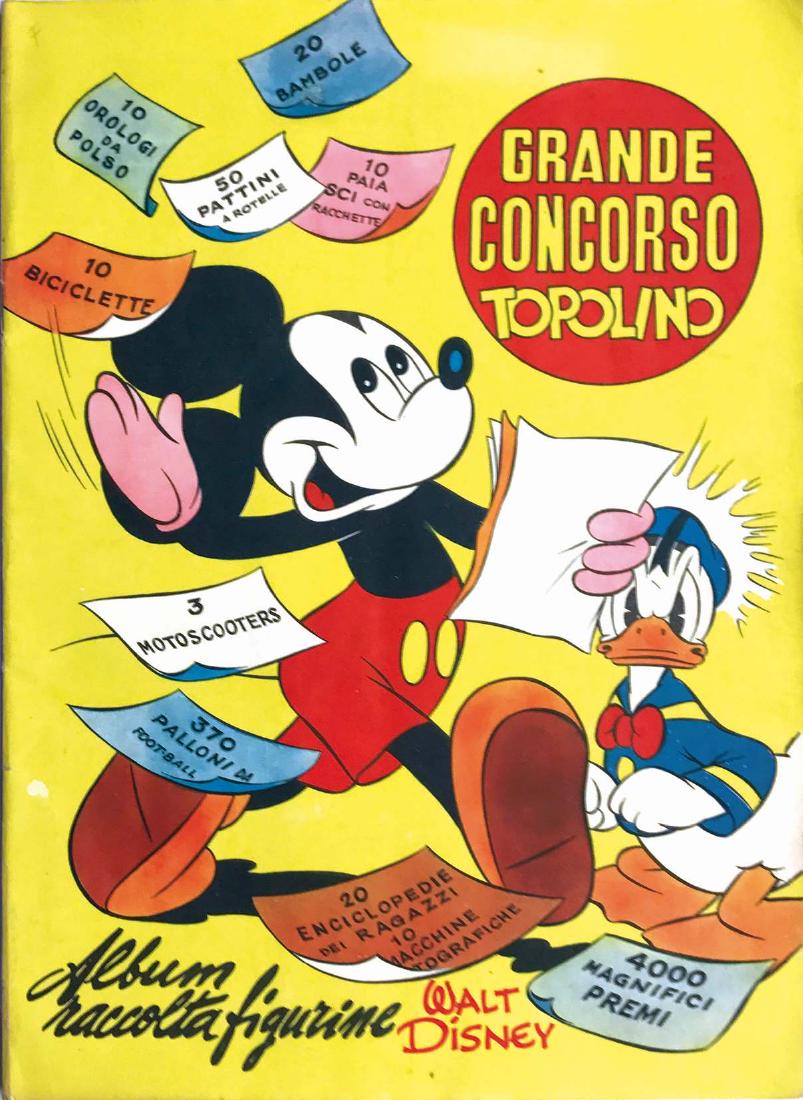 Grande Concorso Topolino: Album raccolta figurine semi-completo edito da Astra, Milano 1951. Centimetri 24,5x34, 34 pp. non numerate, corredato di 178 figurine applicate su 300. Accompagnato da foglio di stampa cm 100x71, con 