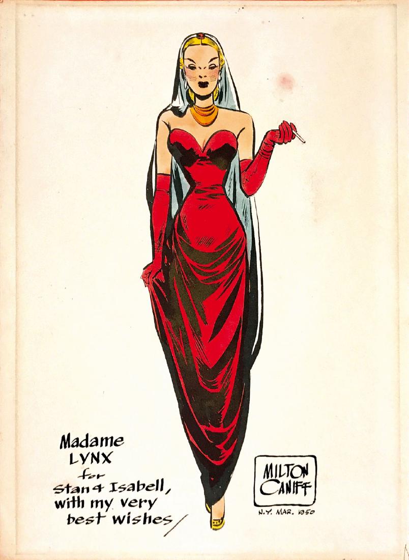 MILTON CANIFFMadame Lynx: Greeting prova di stampa su carta, acquerellata dall’artista, cm 25,5x36. Firmata in originale e datata 1950.