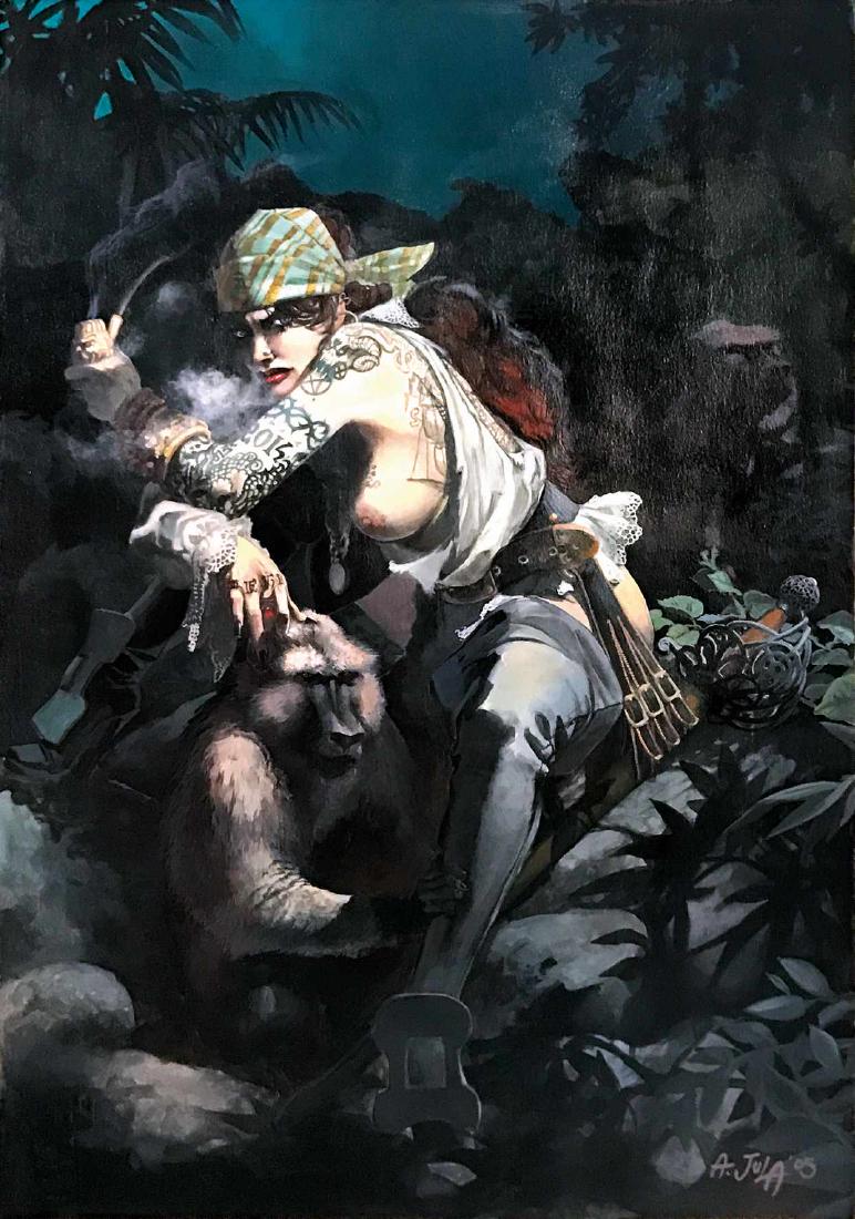 ANDREA JULA - Piratessa: Illustrazione tecnica mista su cartoncino Fabriano, cm 33x48. Firmata e datata 2005.