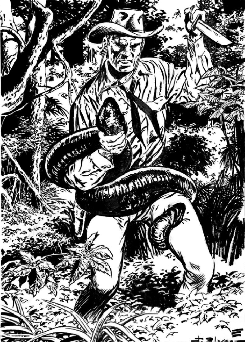 JESUS BLASCO - Tex. Pericolo nella foresta: Illustrazione per saggio su Tex; matita e china su cartoncino, cm 24,5x35. Firmata. Nasce a Barcellona nel 1919. Esordisce con fumetti comici per collaborare quindi negli anni ’50 con la Fleetway. C