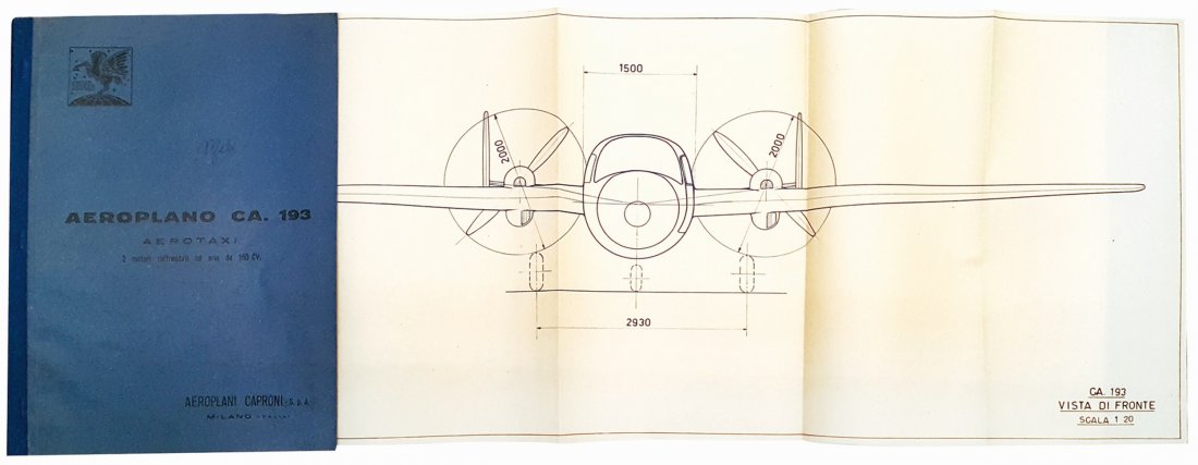 Aeroplano Caproni 193 Aerotaxi: Brossura cm 21x30. Fascicolo a uso interno composto da 5 fogli, caratteristiche tecniche e quattro tavole ripiegate con i piani-progetto del velivolo. In antiporta commento autografo dell’ing. Meli.