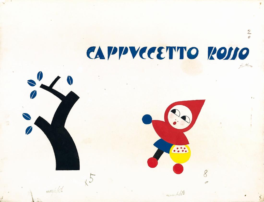BRUNO ANGOLETTA - Cappuccetto Rosso: Illustrazione per “Giro Giro Tondo” di Luigi Beltramelli, Mondadori, 1922; tempera su cartoncino, cm 32x24,5. Buono stato. ENG Red Riding Hood’s illustration for “Giro Giro Tondo” By Luigi B