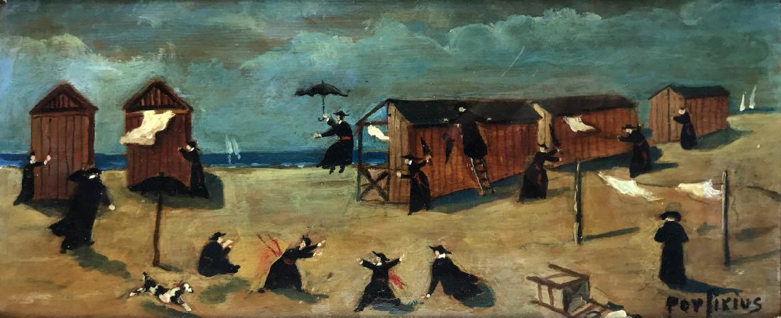 PORFIRIUS - I Clerici al mare: Dipinto ad olio su tavoletta di spiccato gusto anticlericale, cm 31x14; n.d. ma anni ’50. ENG Anticlerical oil painting on board, cm 31x14; not dated but 50s.